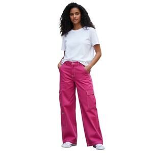 Fashion Nova No Rules Mid-Rise Bold Pink Wide Leg Cargo Denim Pant Size 11